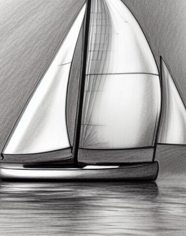 A black and white drawing of a sailboat