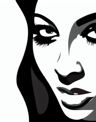 A black and white drawing of a woman’s face