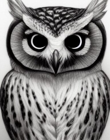 A black and white drawing of an owl
