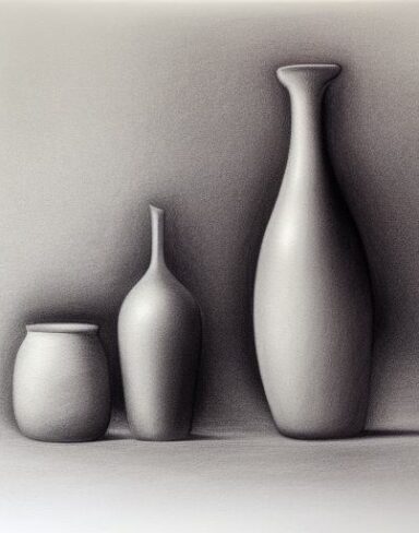 A black and white drawing of vases and a bottle