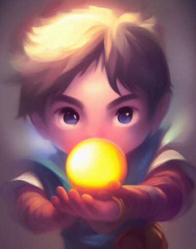 A boy holding a glowing ball in his hand