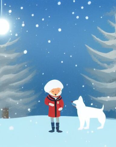 A boy is standing next to a dog in the snow