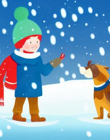 A boy standing next to a dog in the snow in winter