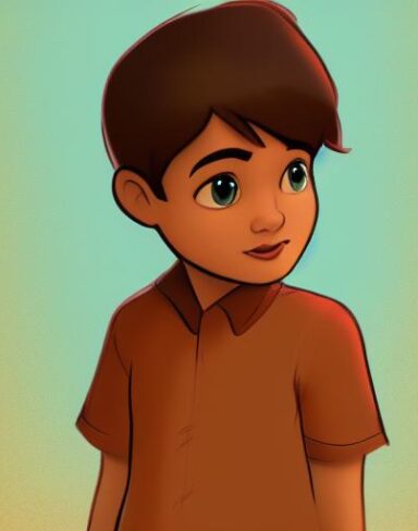 A boy with a brown shirt