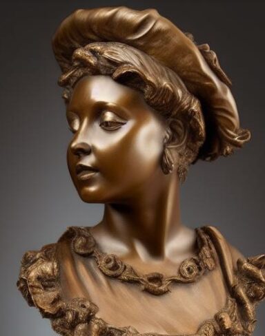 A bronze busturine of a lady wearing a hat