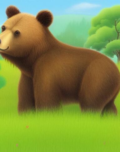 A brown bear on the lush green field