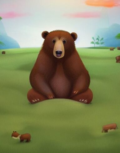 A brown bear sitting on a green land