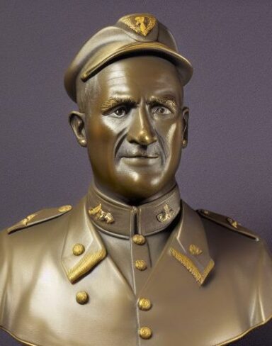 A bust of the man in a military uniform