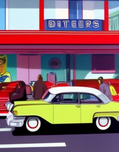 A car parked in front of a restaurant