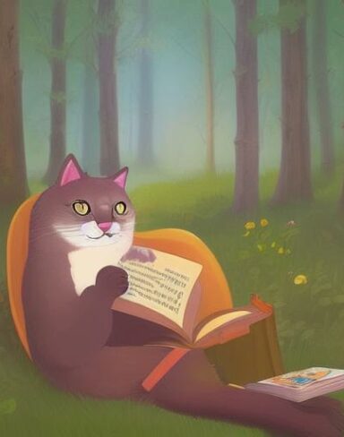 A cartoon cat reading book in the woods