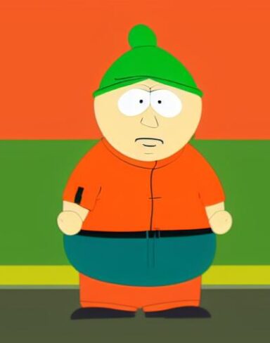 A cartoon character in an orange shirt and green hat