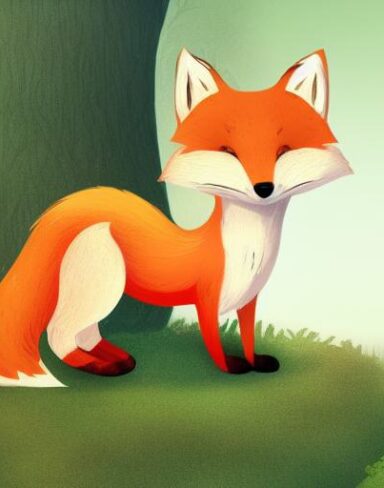 A cartoon fox sitting on a mushroom
