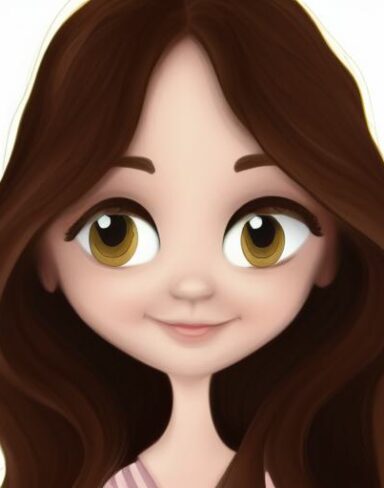 A cartoon girl with long brown hair and big eyes