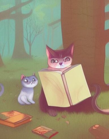 A cat with a book in the woods