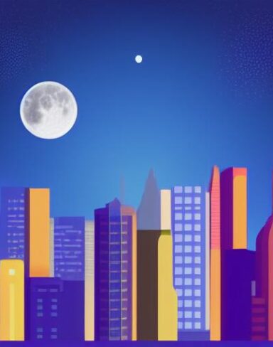 A city at night with a moon in the sky