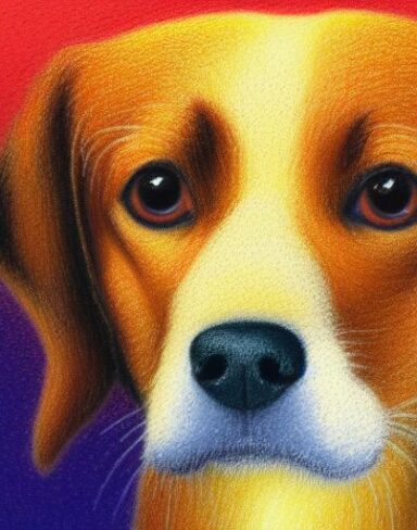 A close up of a painting of a dog with orange background