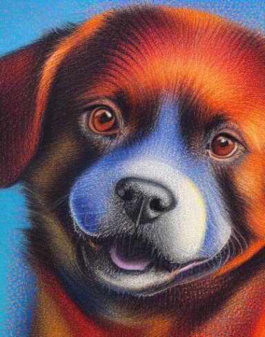 A close up of a painting of a smiling dog with blue background