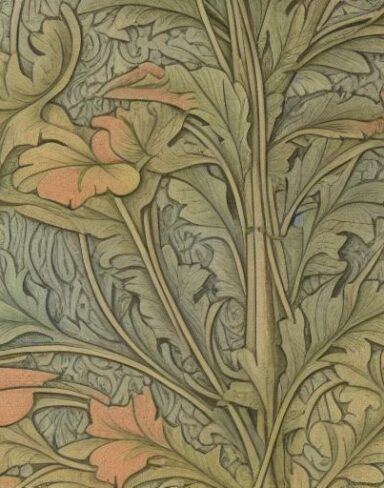 A close up of a pattern of leaves and flowers