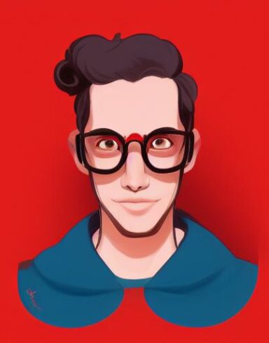 A close up of a person wearing a red glasses