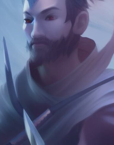 A close up of a person with a sword