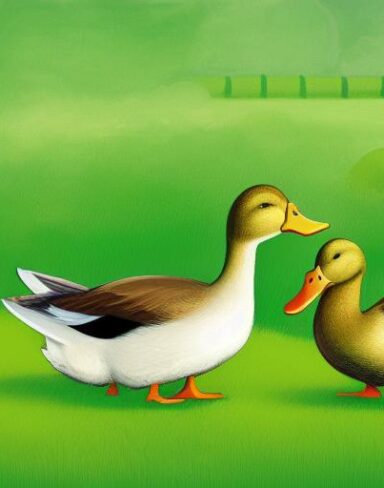 A couple of ducks on top of a green field