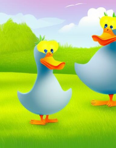 A couple of ducks standing on a lush green field