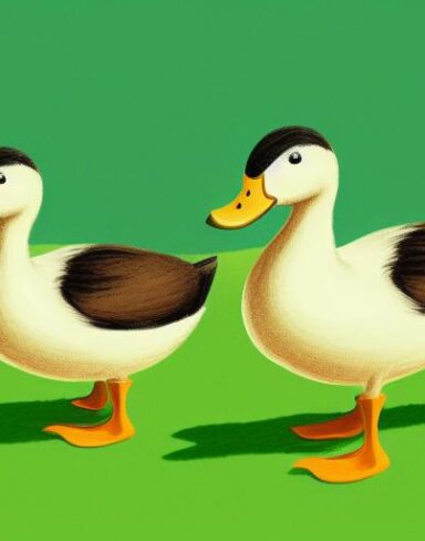 A couple of ducks standing on a lush green field