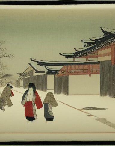 A couple of people walking down a snow covered street