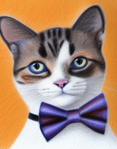 A crayon drawing of a close up cat wearing a white bow tie