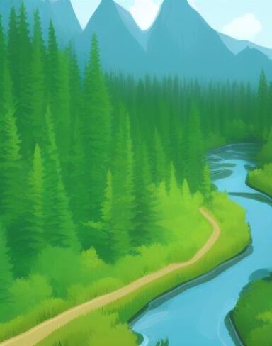 A curve river running through the green forest