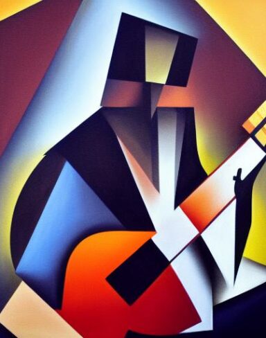 A dark painting of a man playing a guitar