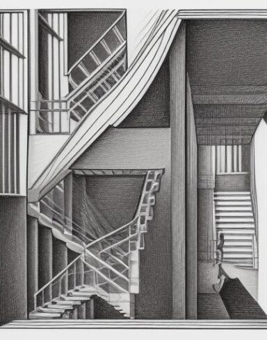 A drawing of a abstract staircases in a building