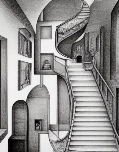 A drawing of a staircase in a house