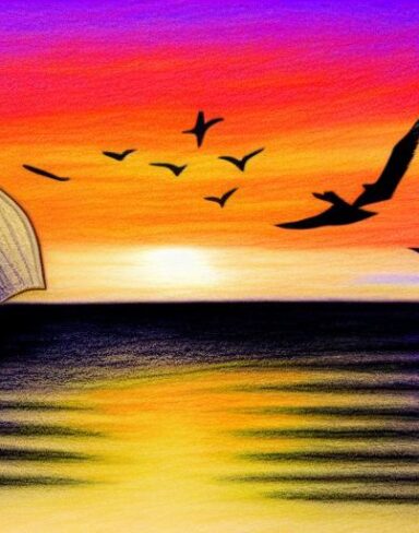 A drawing of a sunset with a some birds and a boat