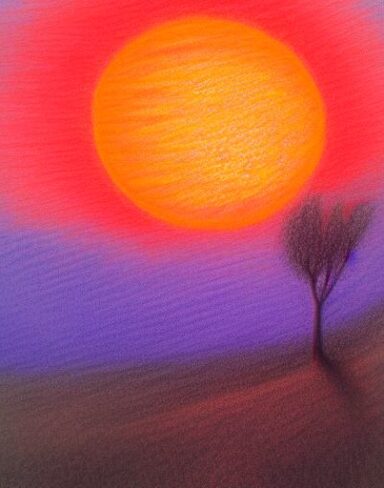 A drawing of a sunset with a tree