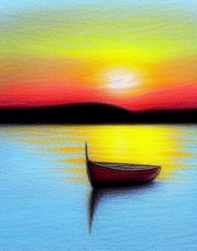 A drawing of a yellow sunset with a small boat