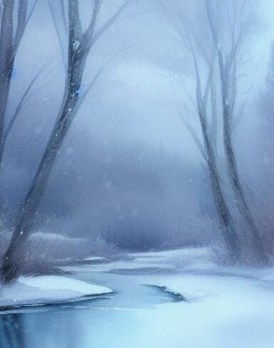 A ethereal watercolor painting of snow-covered trees and a stream on a snowing day