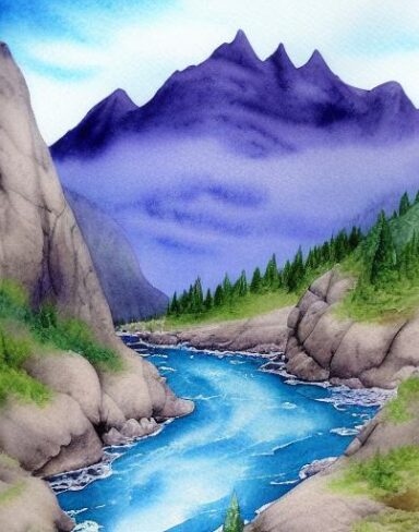 A fantasy detailed watercolor painting of a river with a mountain and rocks in the background