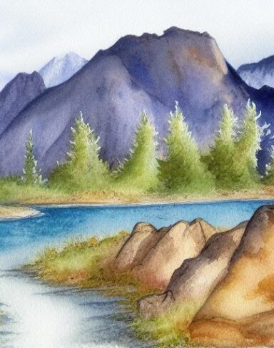 A fantasy detailed watercolor painting of a river with a rocky mountain and rocks in the background