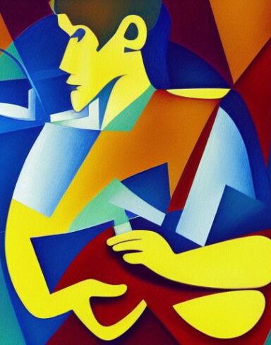 A fantasy painting of a boy playing a guitar