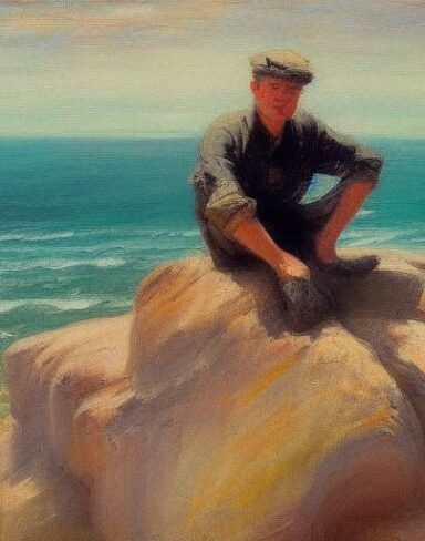 A fantasy painting of a man sitting on a rock by the ocean