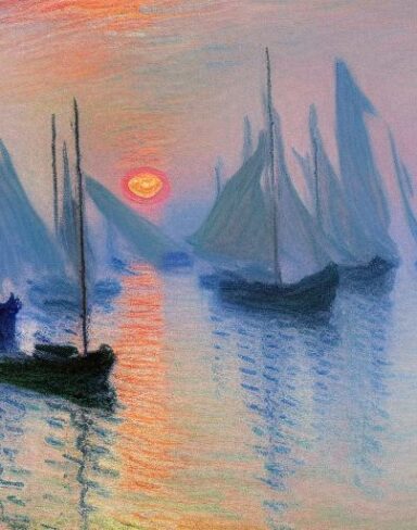 A fantasy painting of several boats in a body of water at sunset