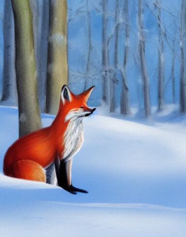 A fox is sitting in the snow
