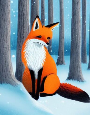A fox sitting in the snow forest