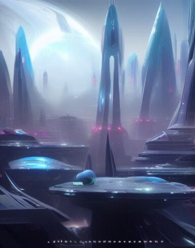 A futuristic city in the sky with space ships
