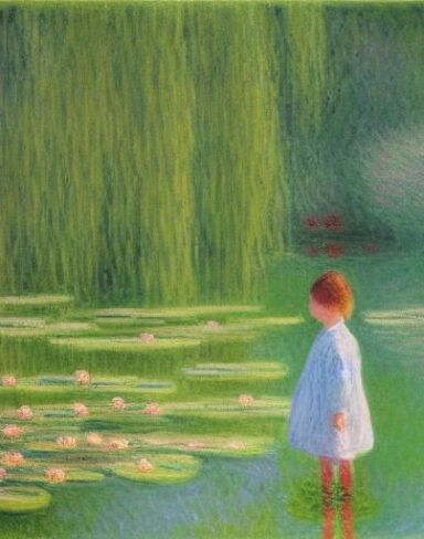 A gloomy painting of a child standing next to a pond filled with water lilies