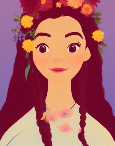 A lady with long hair and flowers around her neck