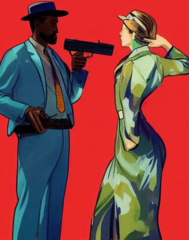 A man standing next to a woman holding a gun