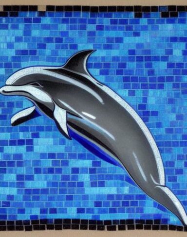 A mosaic of a dolphin swimming in the deep ocean inspired by Charles Ginner