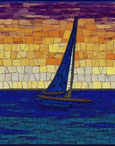 A mosaic of a sailboat on a body of water